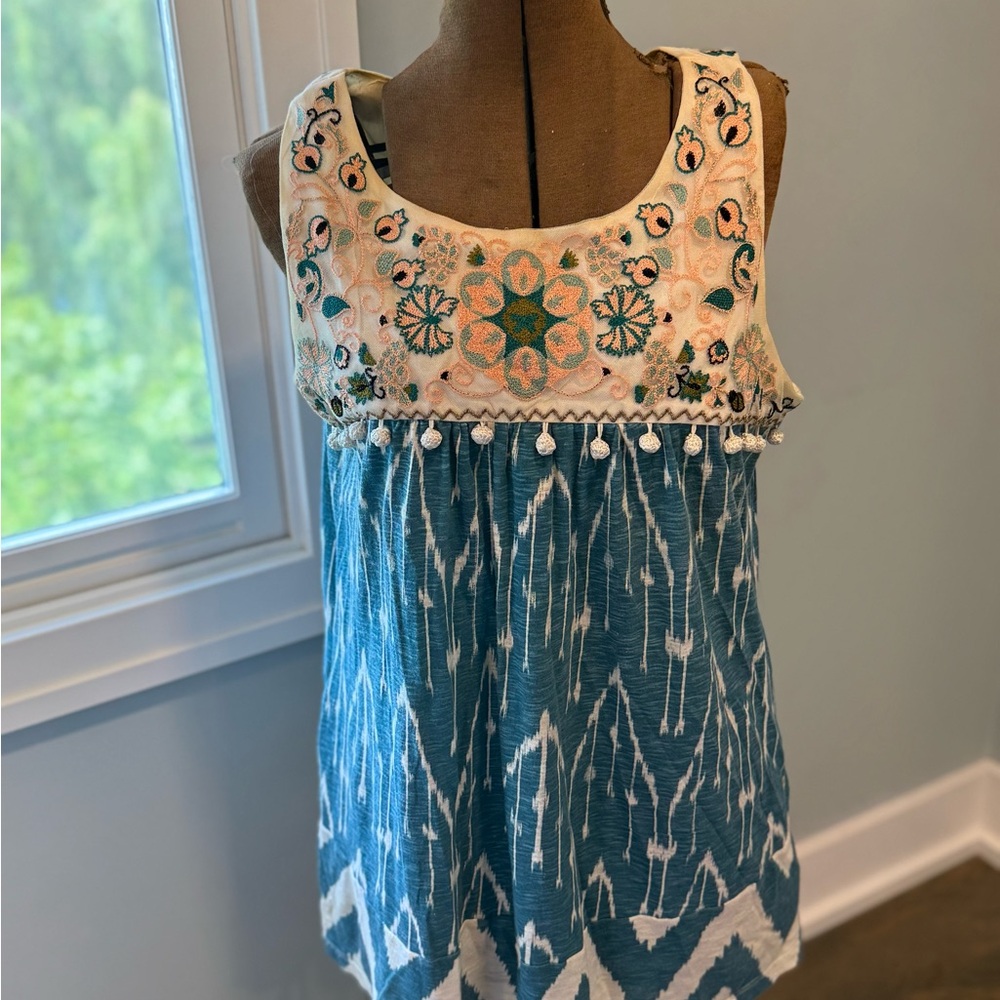 Anthropologie Floral Embroidered Top in Cream and Blue
